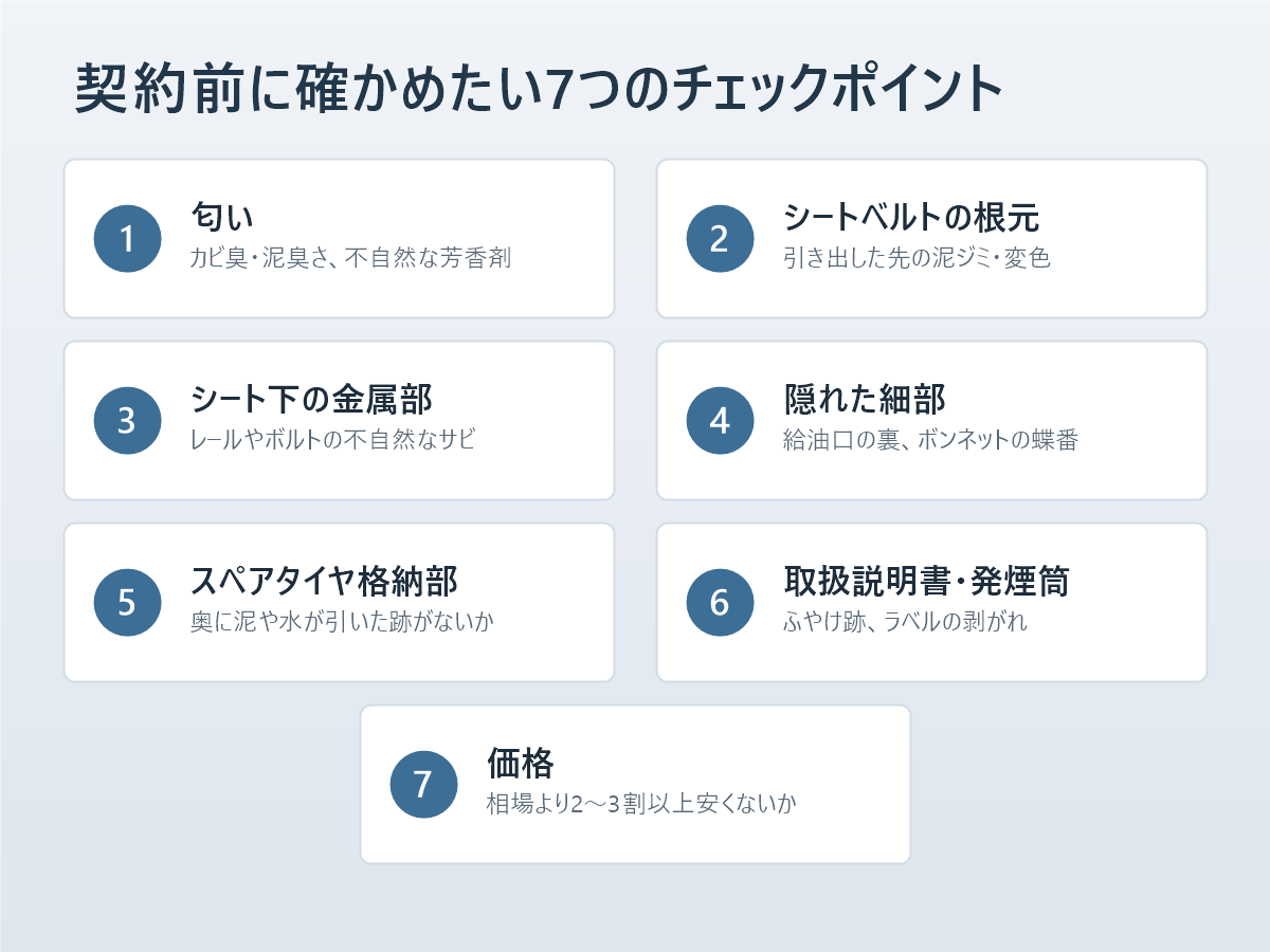 中古車が冠水車かどうかを見分ける7つのチェックポイントの図解