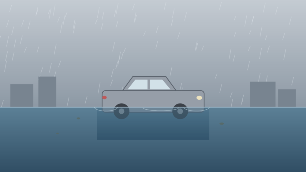 豪雨で道路が冠水し、車が半分浸水しているイメージイラスト