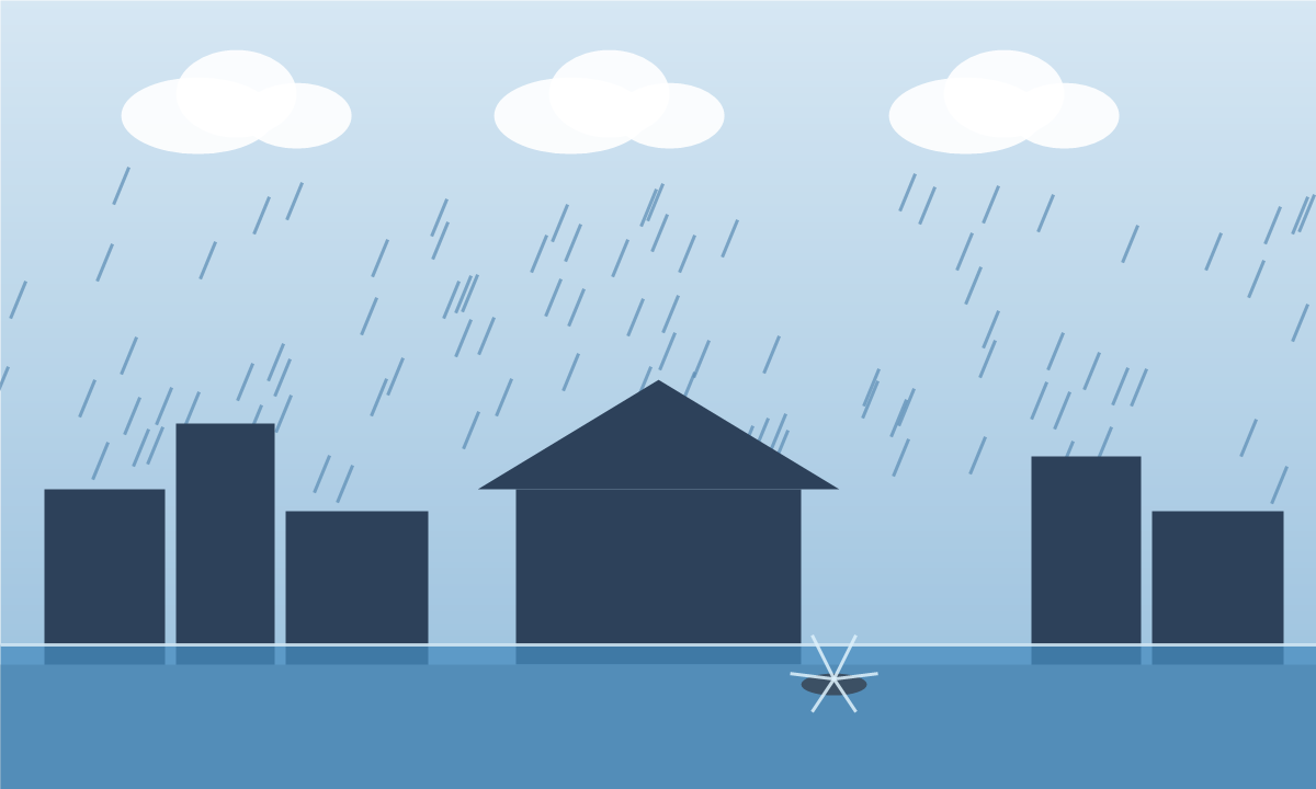 豪雨で街や住宅が浸水するイメージイラスト